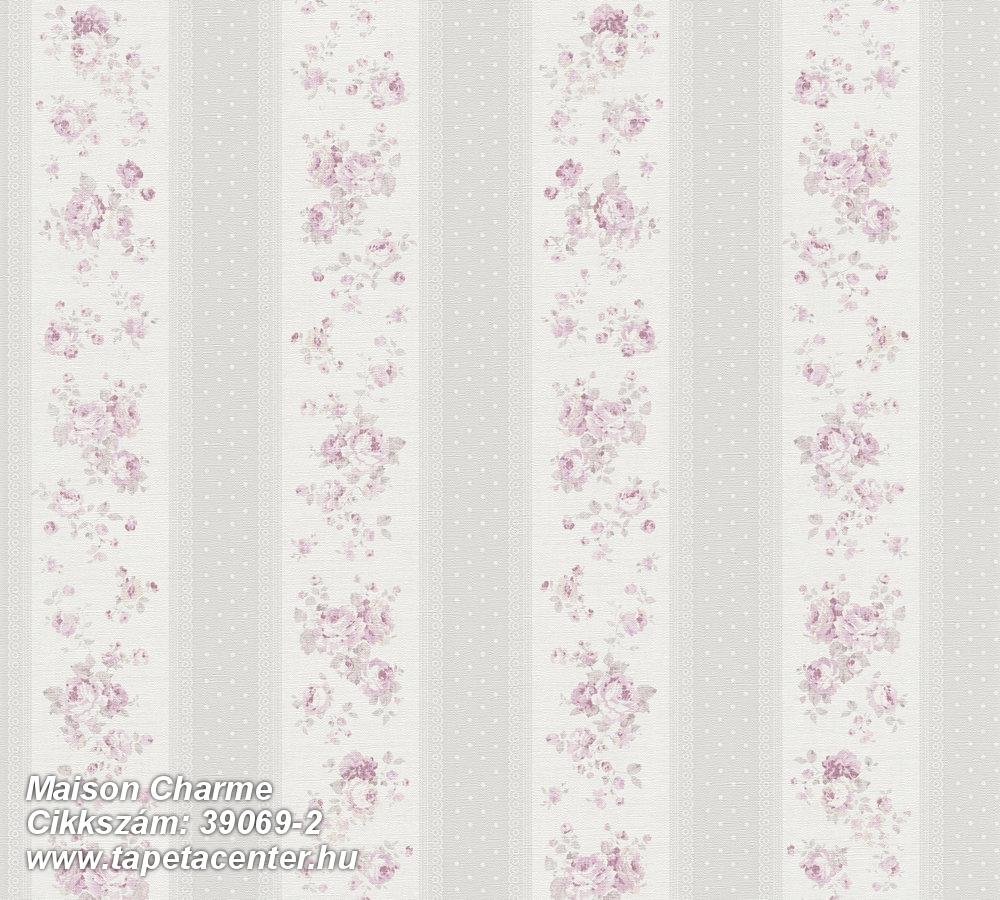 Textil hatású,virágmintás,csíkos,retro,fehér,pink-rózsaszín,szürke,illesztés mentes,súrolható,vlies tapéta 
